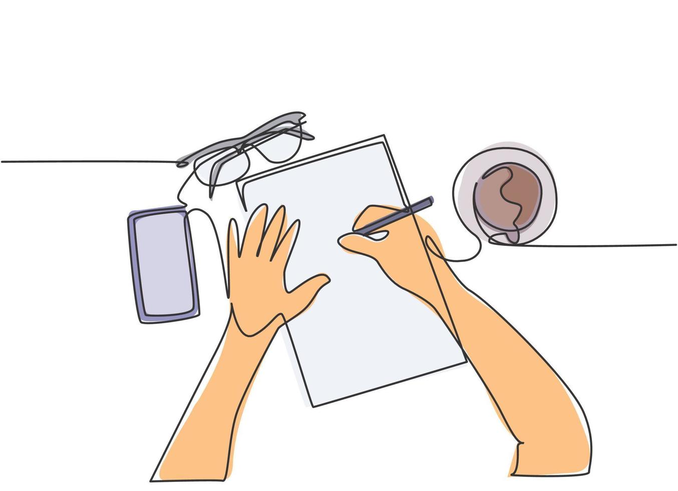 One continuous line drawing of hand writing gesture on a piece of paper beside glasses, smartphone and a cup of coffee. Writing business draft concept. Single line draw design vector illustration