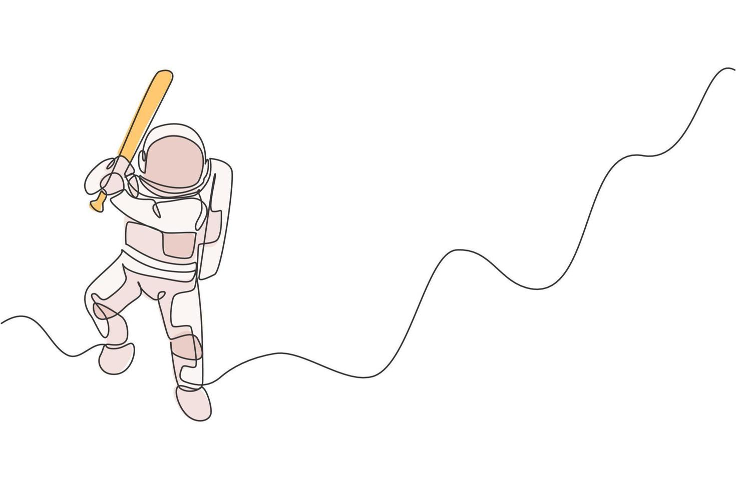 Single continuous line drawing of astronaut playing baseball on moon surface. Space astronomy galaxy sport concept. Trendy one line draw graphic design vector illustration