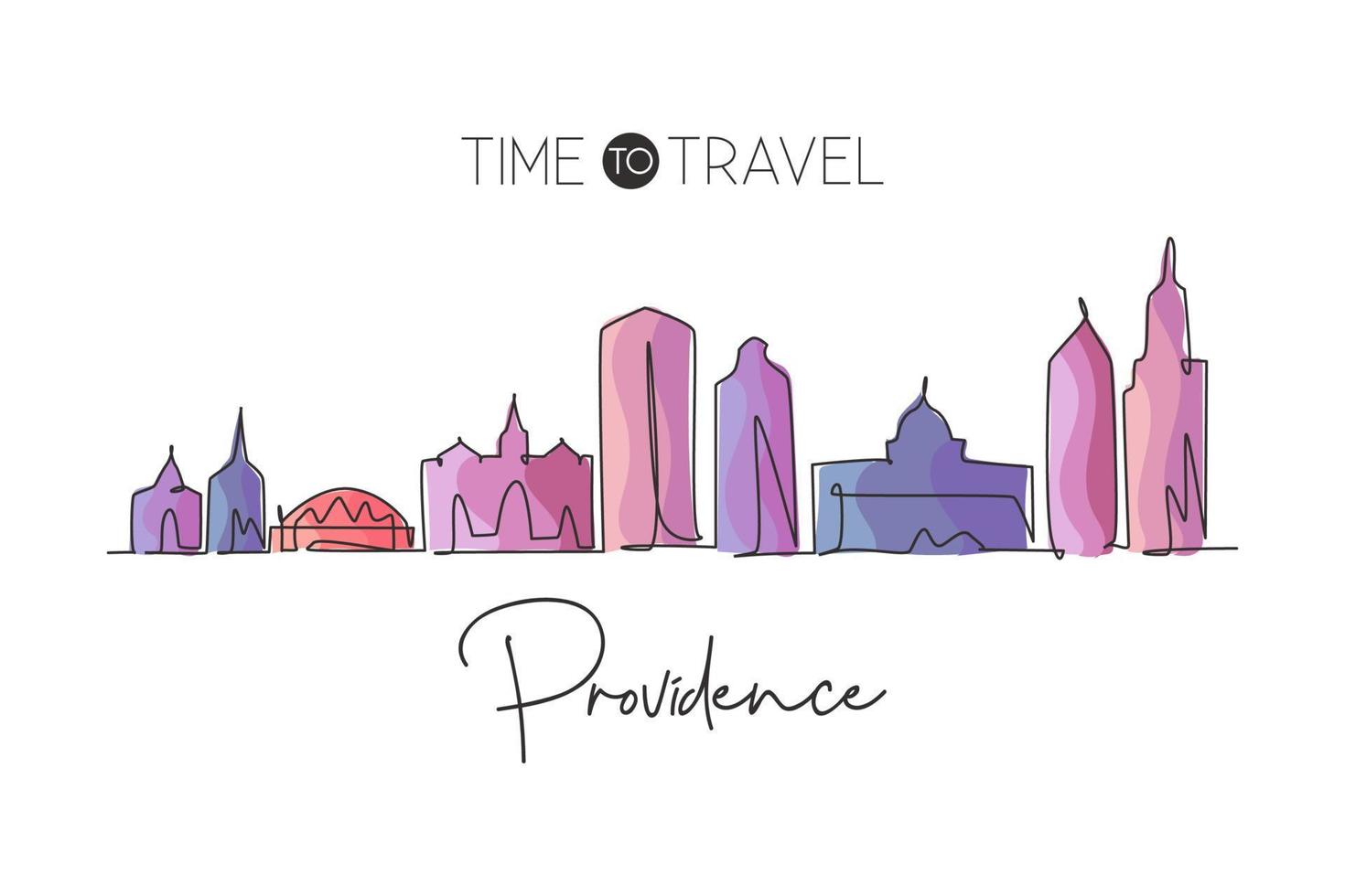 Single continuous line drawing Providence skyline, Rhode Island. Famous city scraper landscape. World travel home wall decor art poster print concept. Modern one line draw design vector illustration
