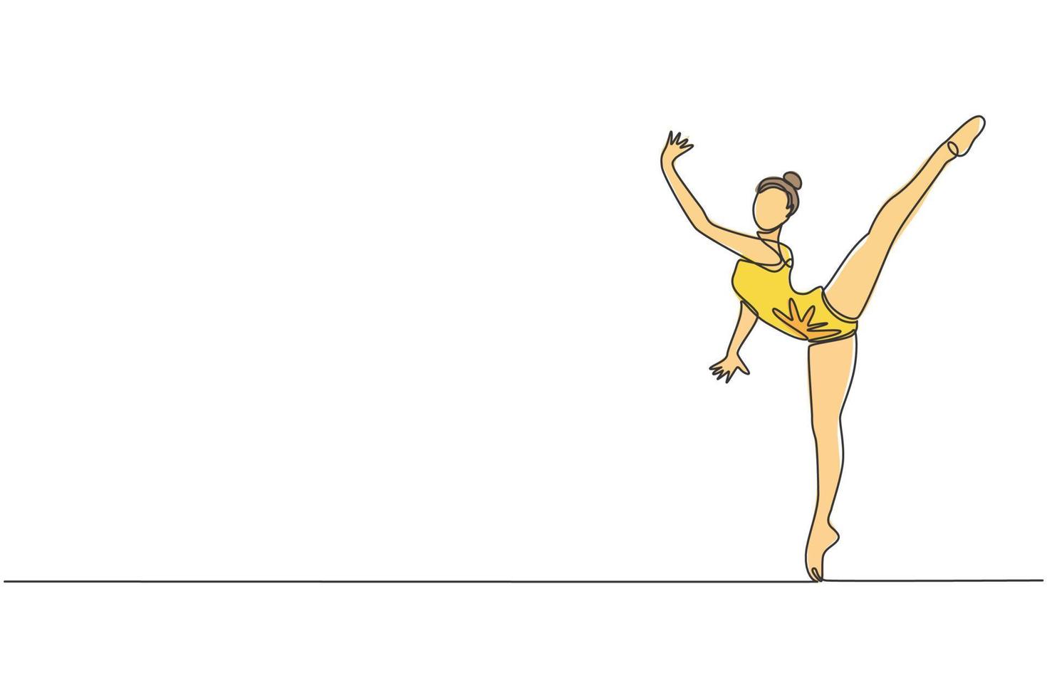 uno soltero línea dibujo de joven belleza gimnasta niña ejercicio piso rítmico gimnástico a gimnasio vector ilustración. sano atleta adolescente estilo de vida y deporte concepto. moderno continuo línea dibujar diseño