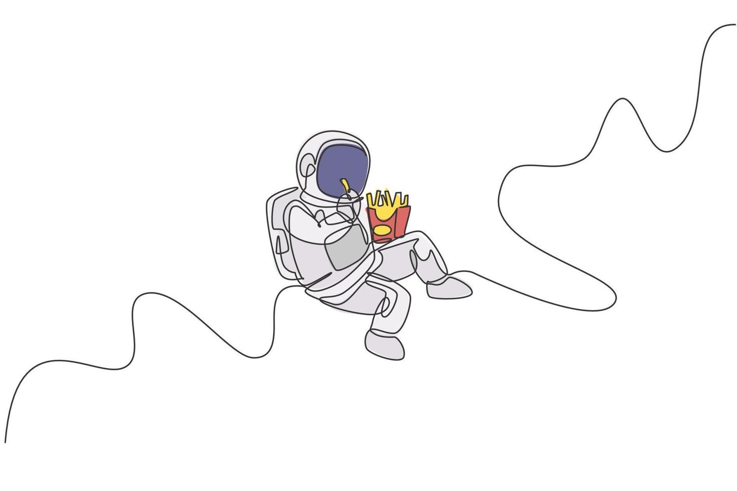 One single line drawing of astronaut flying in cosmos galaxy while eating french fries vector graphic illustration. Fantasy outer space life concept. Modern continuous line draw design