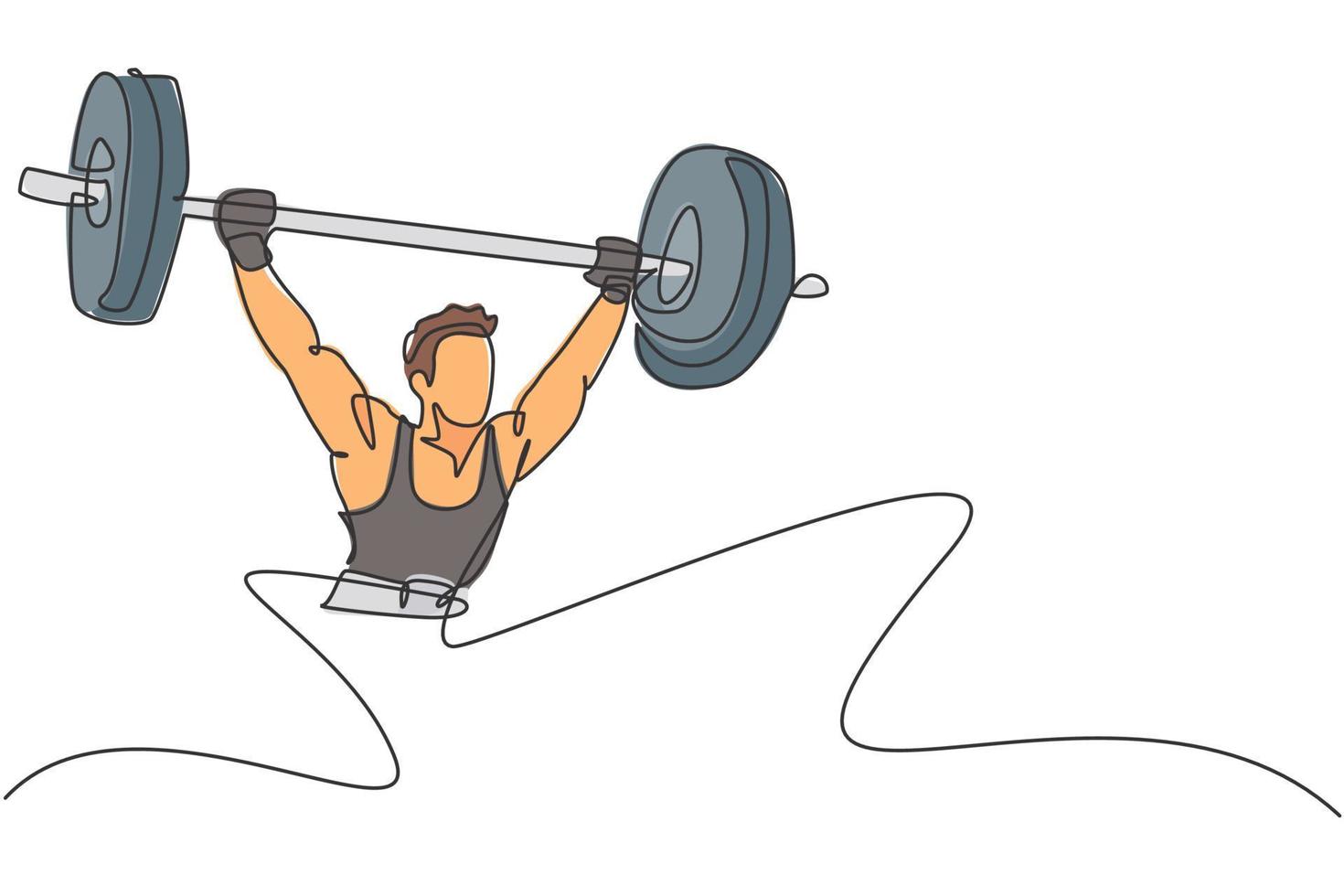 One single line drawing of fit young athlete muscular man lifting barbells working out at a gym vector illustration. Weightlifter preparing for training concept. Modern continuous line draw design