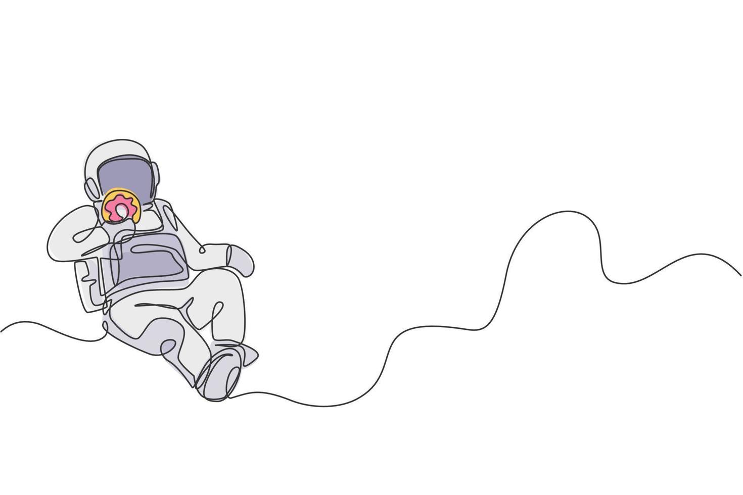 One single line drawing of astronaut flying in cosmos galaxy while eating sweet sugar donut graphic vector illustration. Fantasy outer space life concept. Modern continuous line draw design