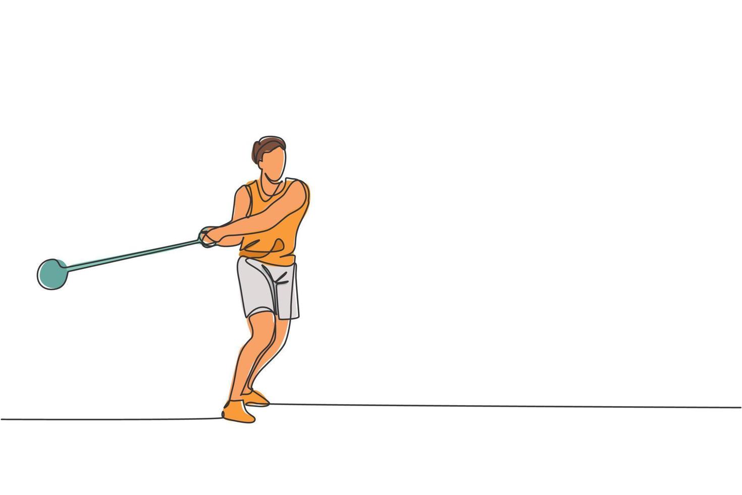 One single line drawing of young energetic man exercise to throw hammer powerfully on field vector graphic illustration. Healthy lifestyle athletic sport concept. Modern continuous line draw design