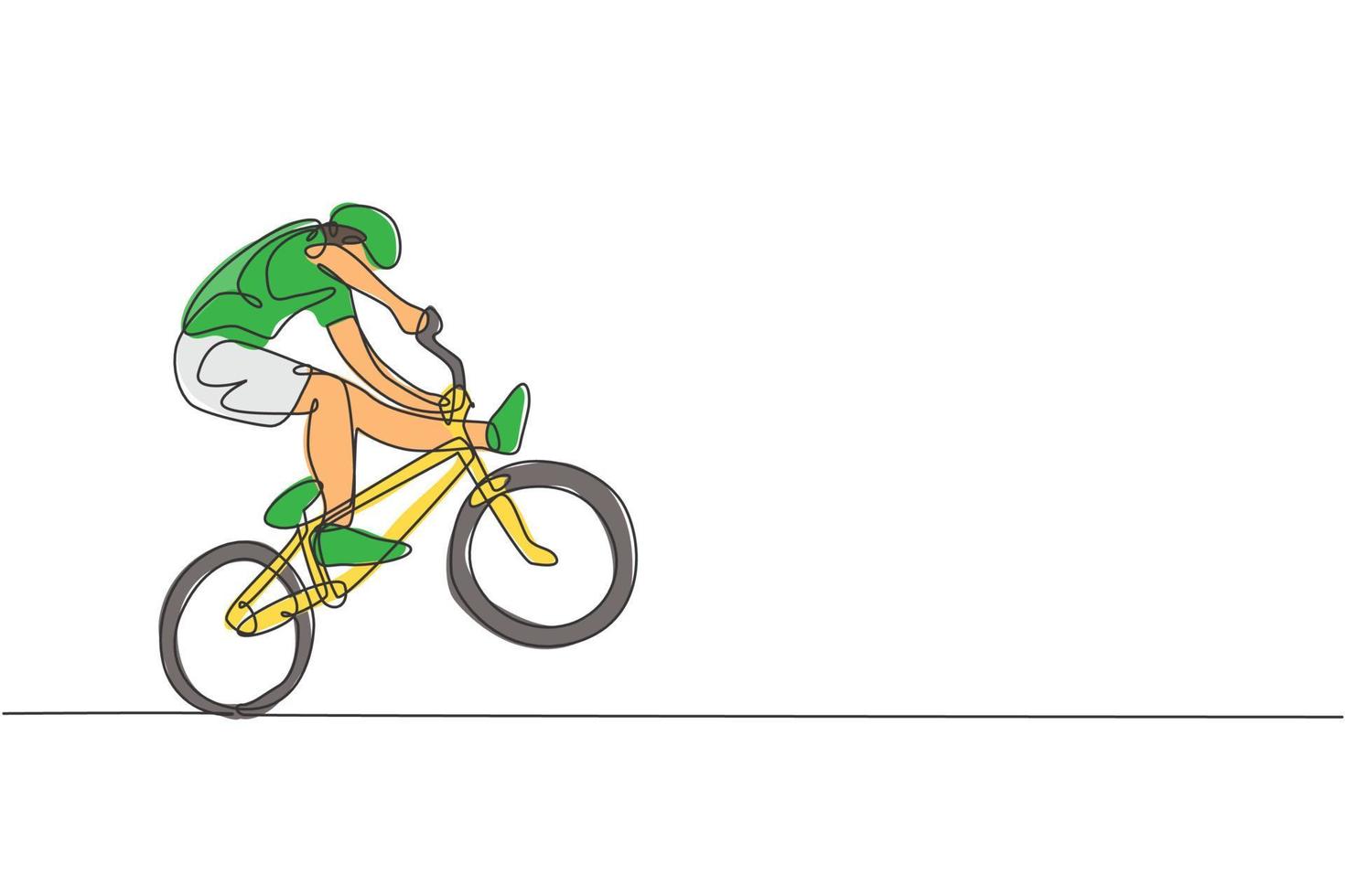 One single line drawing of young bmx bicycle rider performing freestyle trick on street vector illustration. Extreme sport concept. Modern continuous line draw design for freestyle competition banner