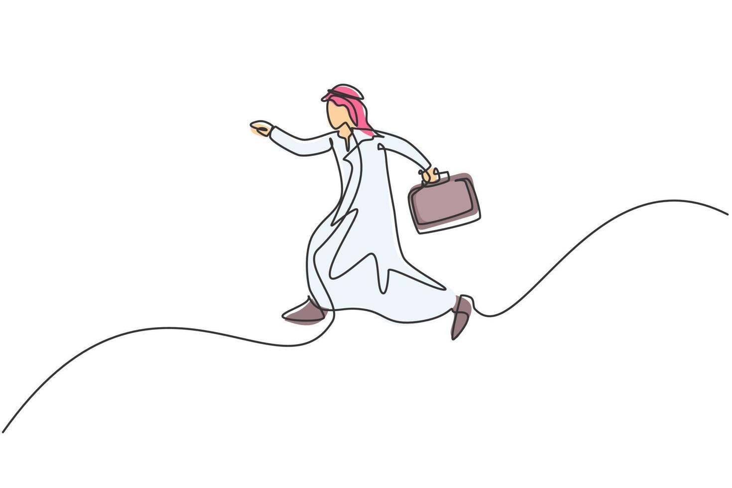 Single continuous line drawing of young Arab business man jumping high to the sky. Success professional manager. Minimalism metaphor concept. Dynamic one line draw graphic design vector illustration