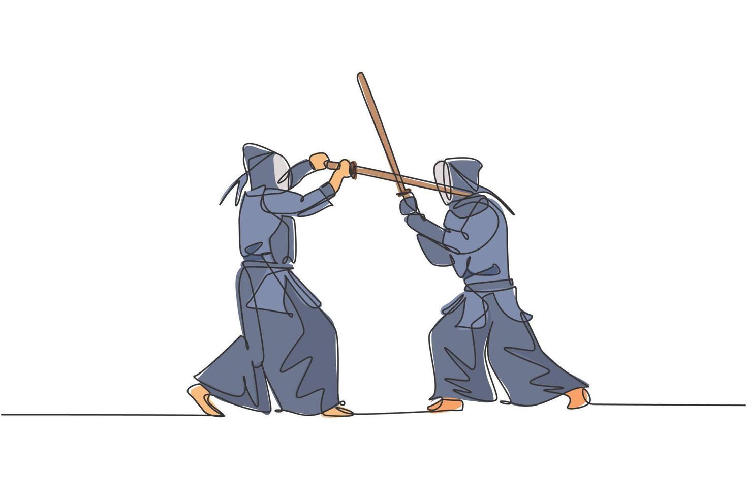 One continuous line drawing of two young sporty men training kendo fighting skill with sparring in dojo center. Healthy martial art sport concept. Dynamic single line draw design vector illustration