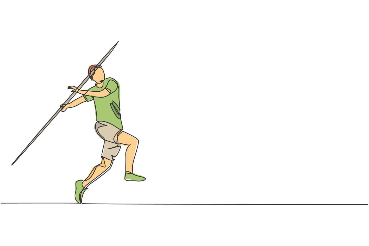 Single continuous line drawing of young sportive man practice to focus before power throw javelin on the court stadium. Athletic games sport concept. Trendy one line draw design vector illustration