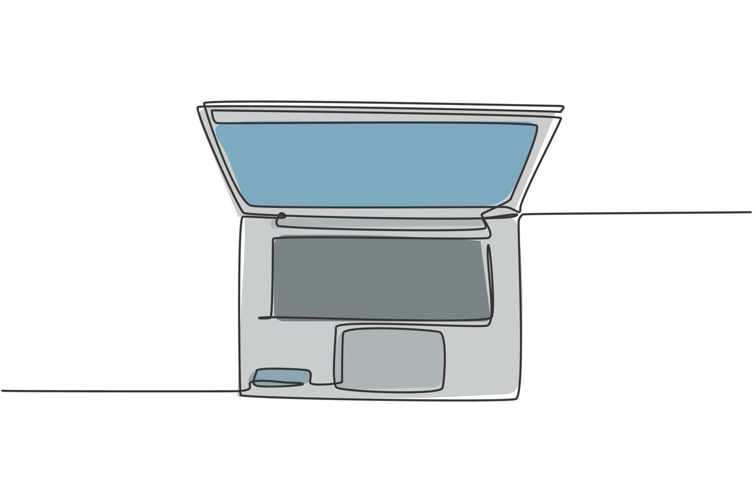 un dibujo de una sola línea de una computadora portátil moderna para respaldar los negocios, vista superior. concepto de herramientas de equipo de oficina en casa pequeña de electricidad. Ilustración de diseño de vector de dibujo de línea continua dinámica