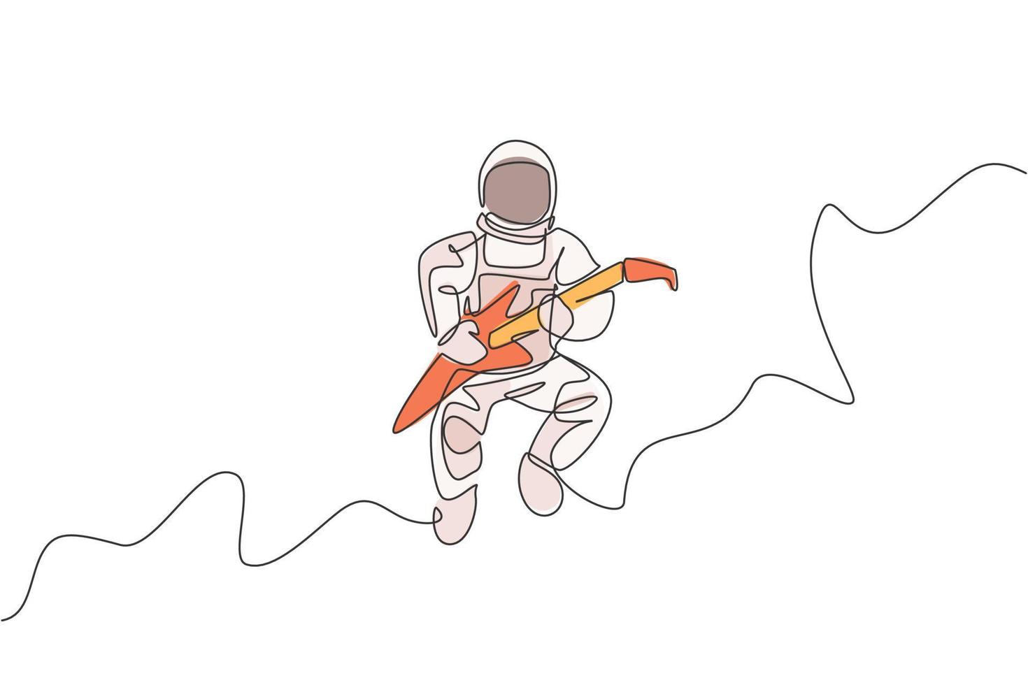 One continuous line drawing of astronaut with spacesuit playing electric guitar in galaxy universe. Outer space music concert concept. Dynamic single line draw graphic design vector illustration