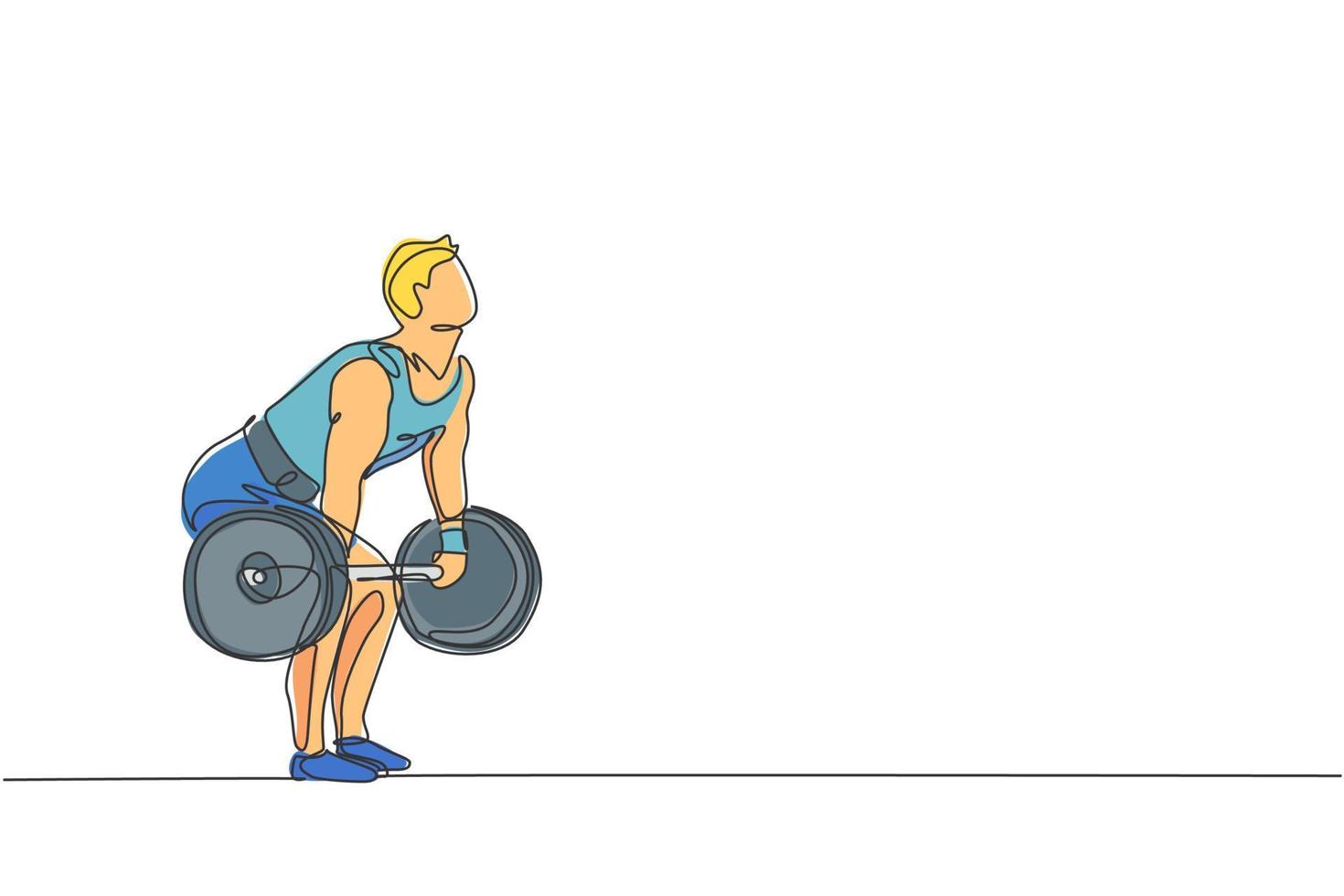 un dibujo de línea continua de un joven culturista haciendo ejercicio con una barra pesada en el gimnasio. concepto de levantamiento de pesas de tren powerlifter. Gráfico dinámico de ilustración vectorial de diseño de dibujo de una sola línea vector