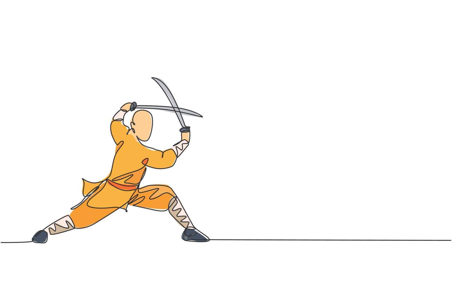 Single continuous line drawing of young muscular shaolin monk man holding sword train at shaolin temple. Traditional Chinese kung fu fight concept. Trendy one line draw design vector illustration