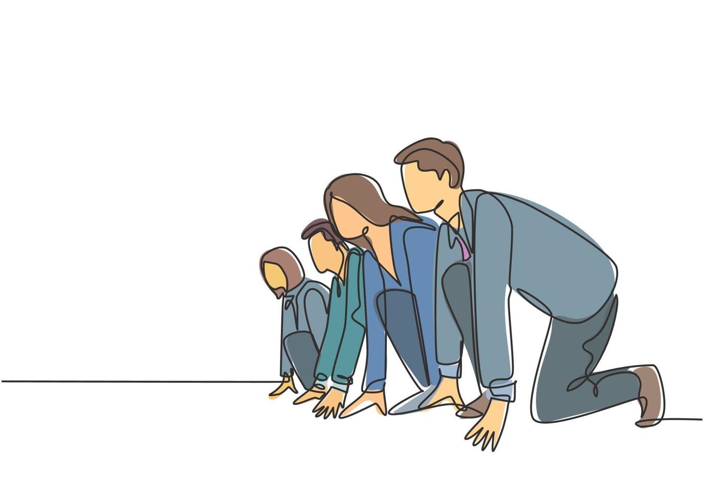 One single line drawing group of male and female worker gets ready on starting line to do sprint race together. Business running competition concept continuous line draw design vector illustration