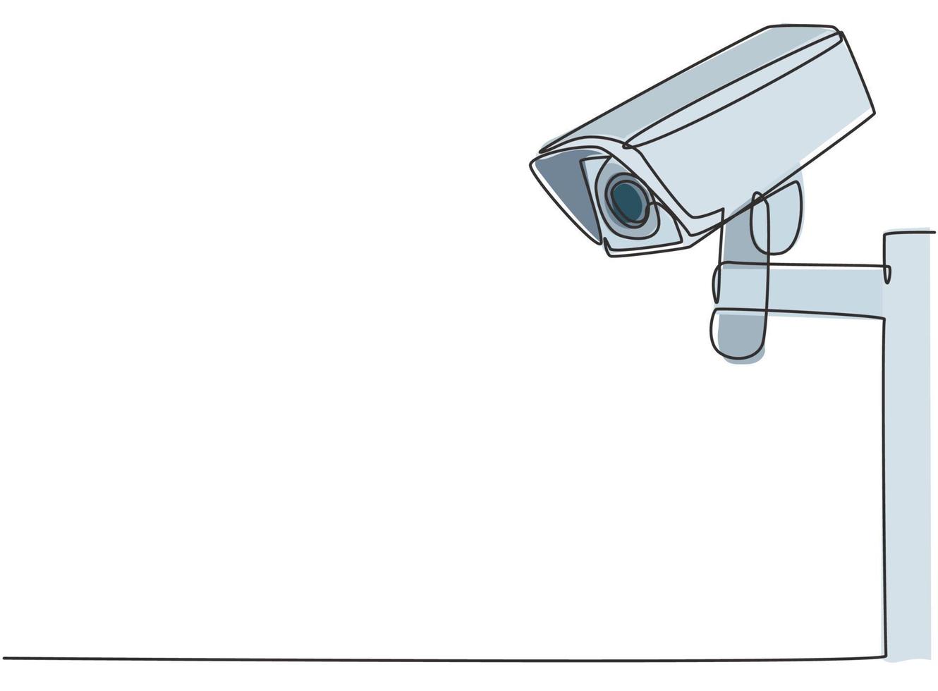 Single continuous line drawing of CCTV with a box shape installed on the side of the highway to monitor traffic movements and improve security systems. One line draw graphic design vector illustration