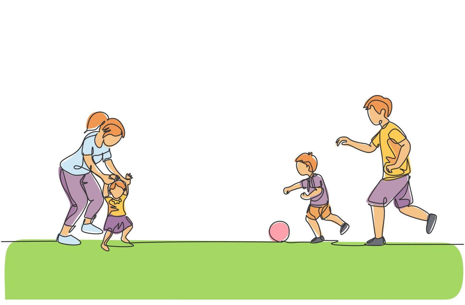 One continuous line drawing of young father playing soccer with son while mother teaching daughter to walk at field. Happy family parenting concept. Dynamic single line draw design vector illustration