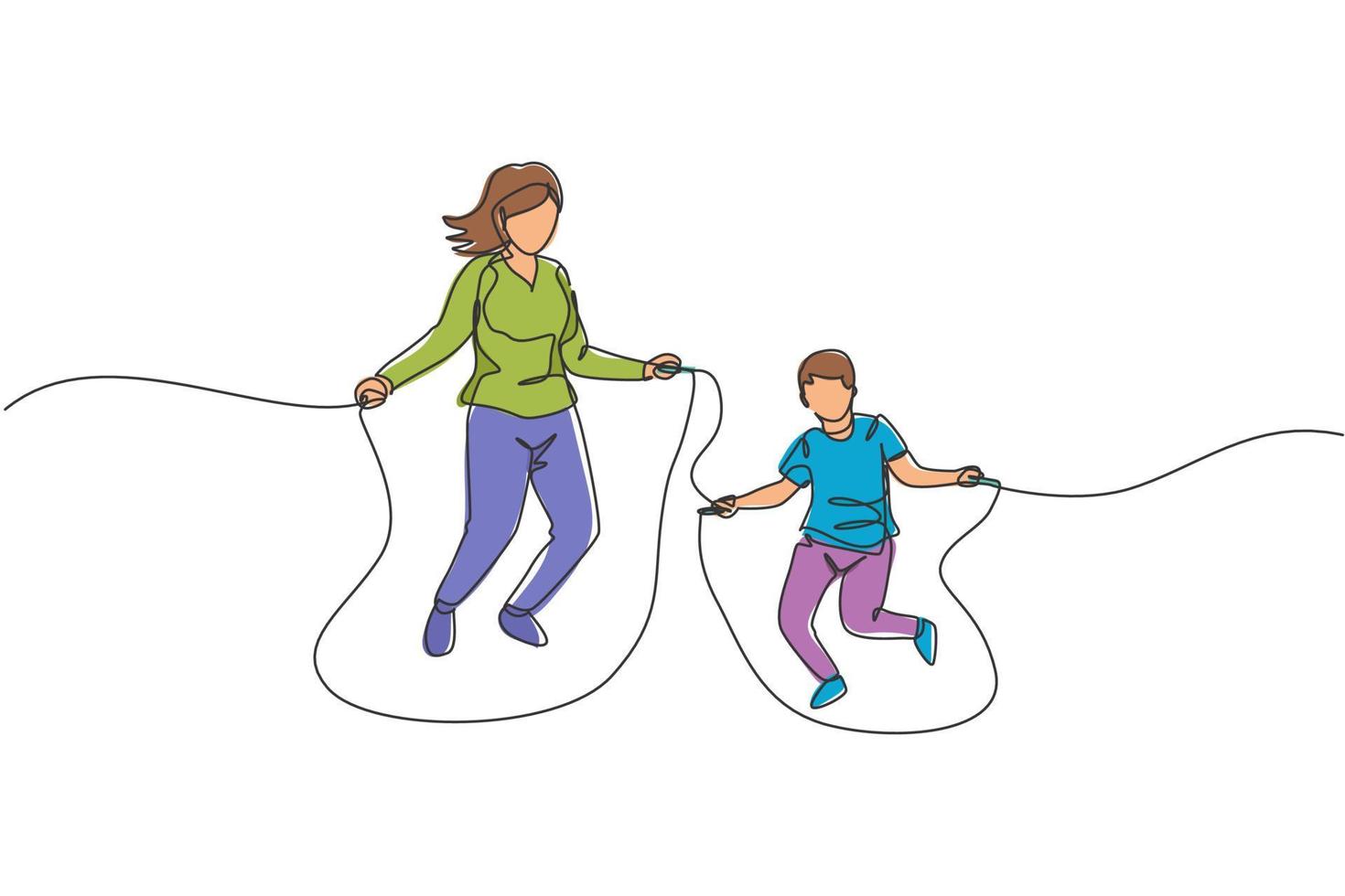 One continuous line drawing of young mother and his son train jumping with skipping rope at park near home. Happy family parenting concept. Dynamic single line draw graphic design vector illustration