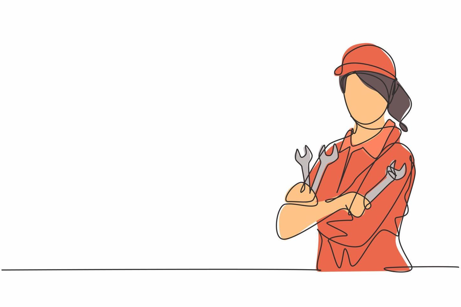 Continuous one line drawing of young female mechanic pose cross arms while holding set of wrench. Professional job profession minimalist concept. Single line draw design vector graphic illustration