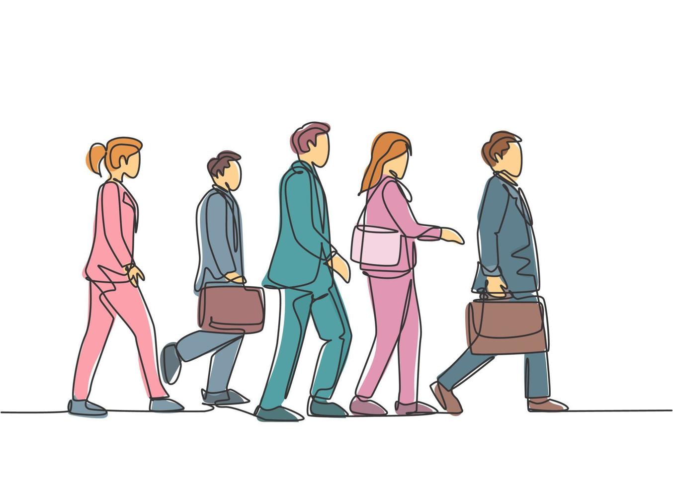 One continuous line drawing of group male and female urban commuters walking pass over on city street go to the office. Urban commuter workers concept single line draw design vector illustration