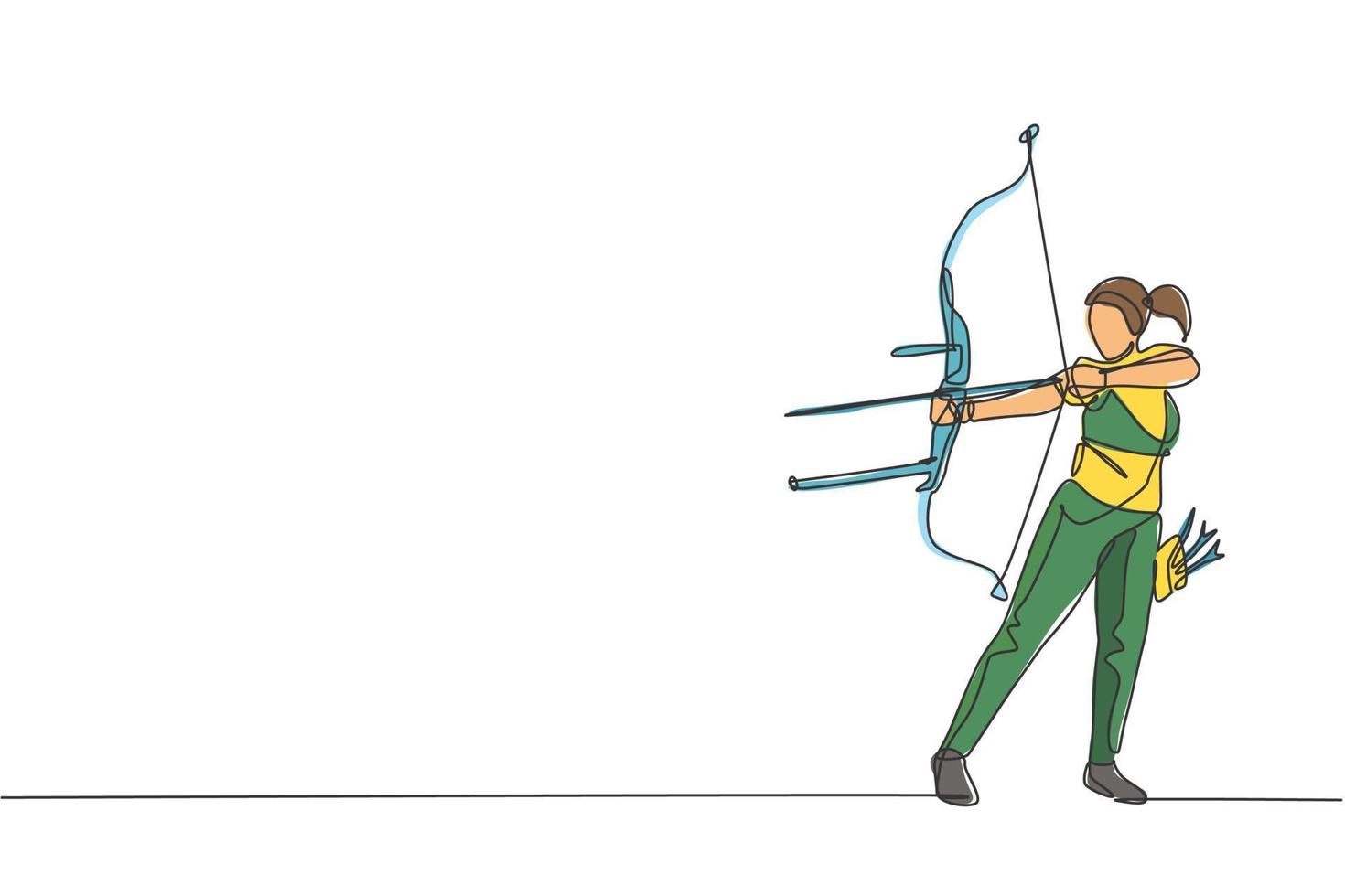 One continuous line drawing of young archer woman pulling the bow to shooting an archery target. Archery sport training and exercising concept. Dynamic single line draw design vector illustration