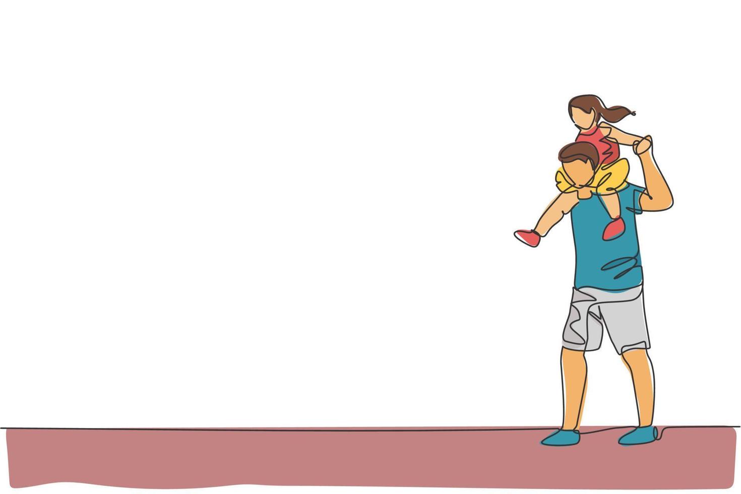 Single continuous line drawing of young happy father playing together and lifting his daughter on shoulder. Happy family concept. Trendy one line draw design graphic vector illustration