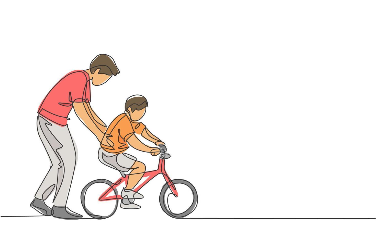 One continuous line drawing of young father help his boy kid learning to ride a bicycle at countryside together. Parenthood lesson concept. Dynamic single line draw design graphic vector illustration