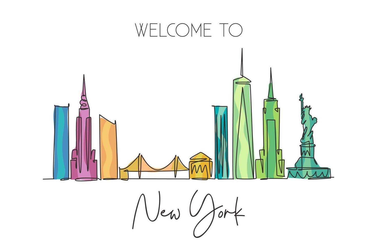 One continuous line drawing of New York city skyline, United States of America. Beautiful city landmark. World landscape vacation. Editable stylish stroke single line draw design vector illustration