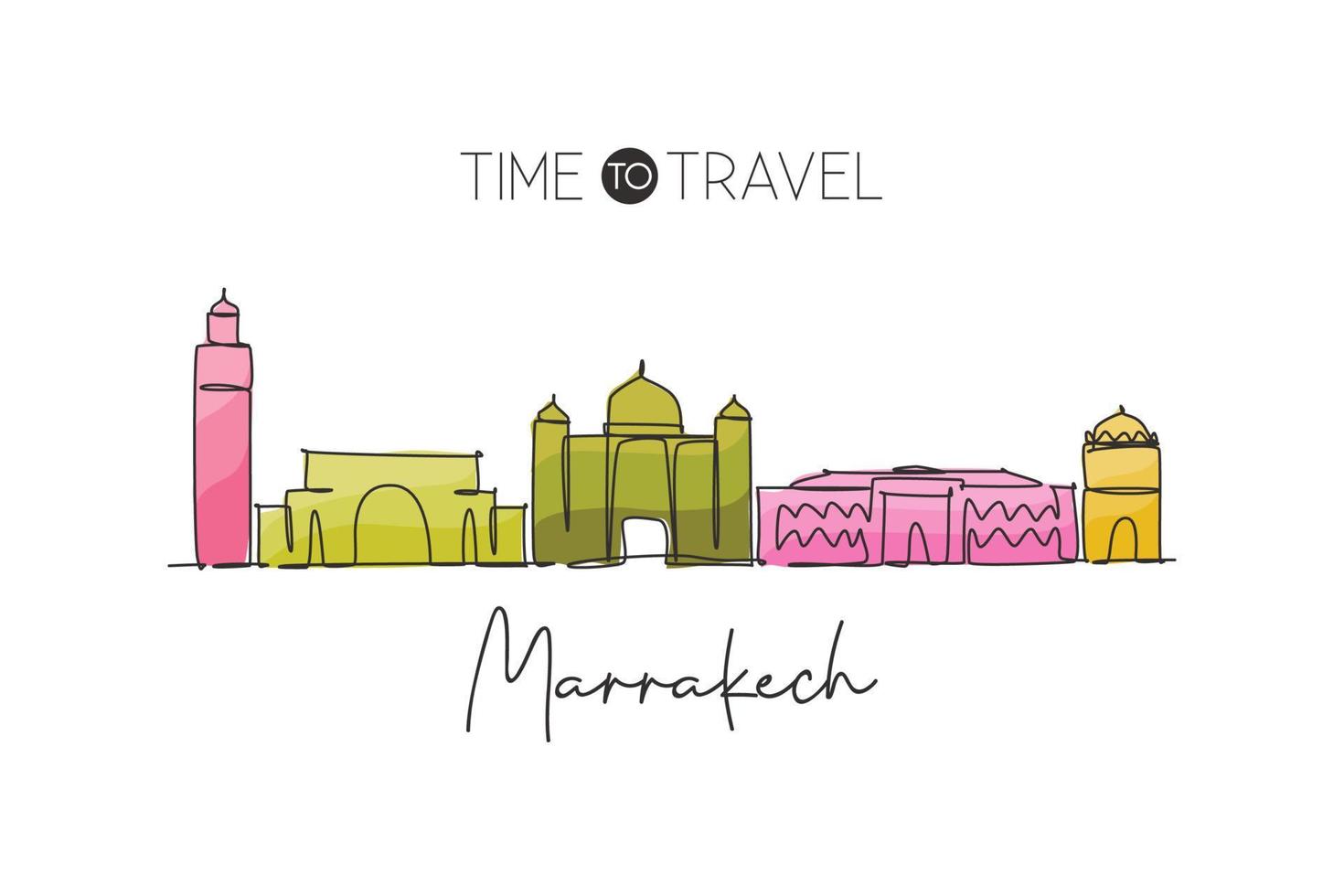 One single line drawing of Marrakesh city skyline, Morocco. Historical town landscape in the world. Best holiday destination. Editable stroke trendy continuous line draw design vector art illustration