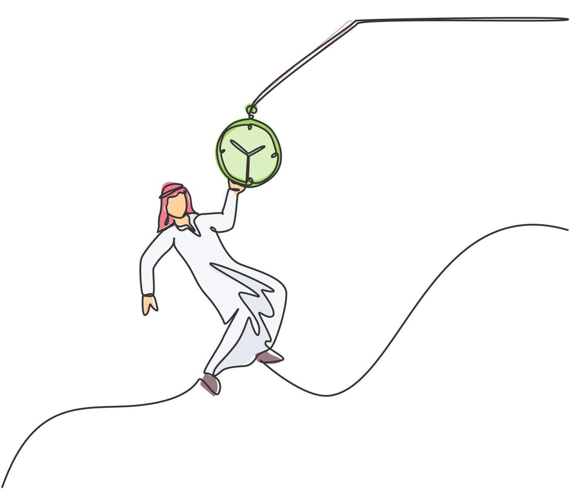 Single continuous line drawing young Arab business man swinging on pocket watch chain to reach goals. Time management business minimalist concept. One line draw graphic design vector illustration.