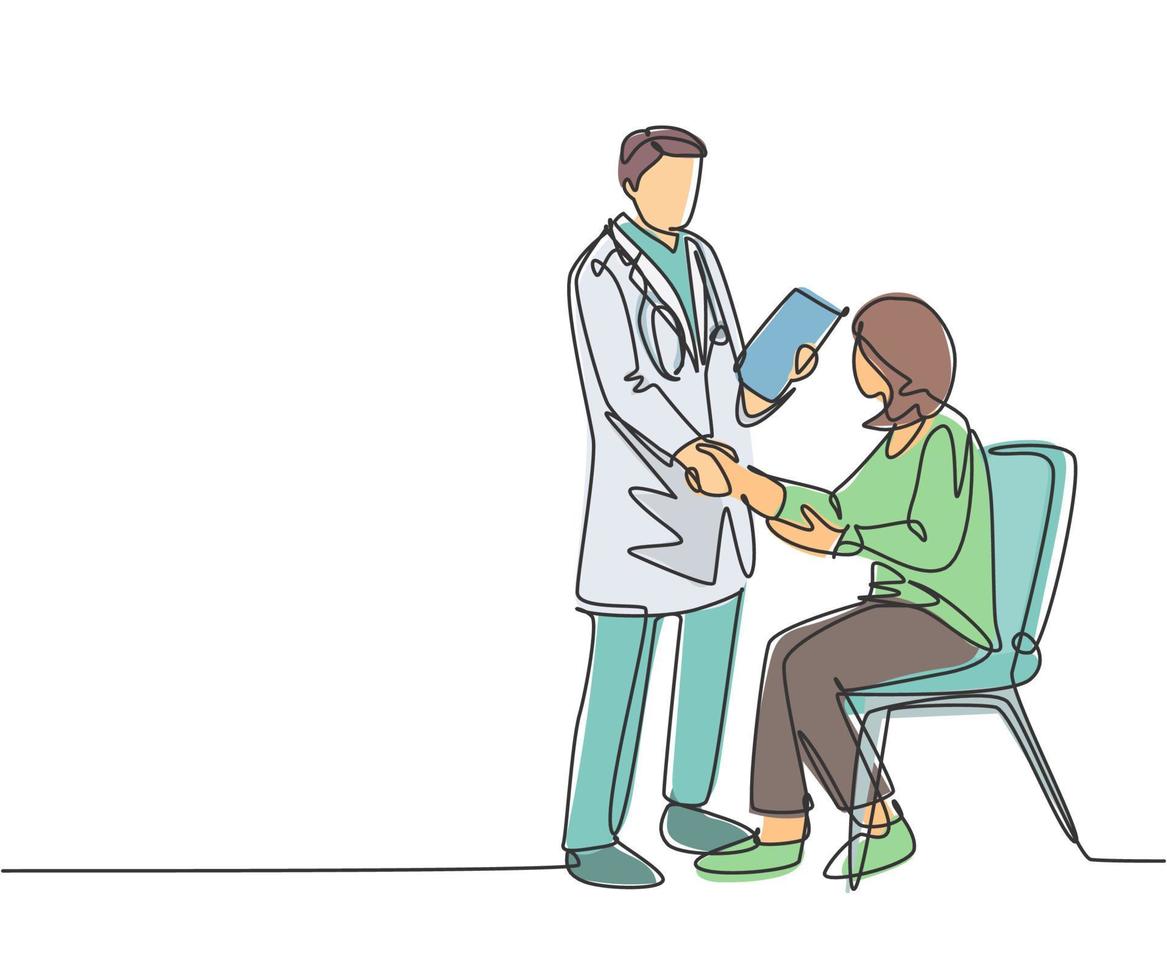 One line drawing of young doctor handshake the patient in hospital to ask her condition. Medical check up concept. Continuous line drawing vector illustration