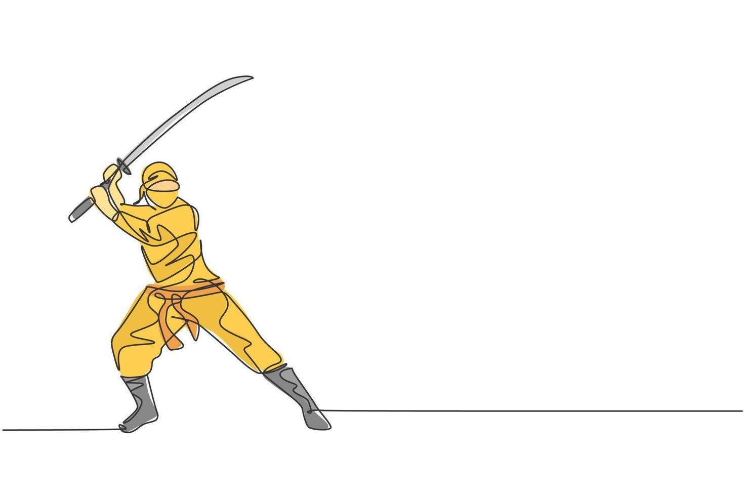 One single line drawing of young energetic Japanese traditional ninja holding samurai sword on attack pose vector illustration. Combative martial art sport concept. Modern continuous line draw design
