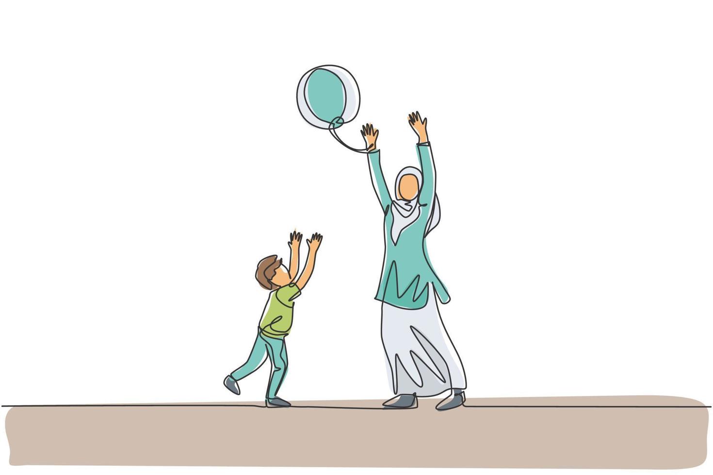 One single line drawing of young Arabian mother playing with her son ball throwing together vector illustration. Happy Islamic muslim family parenting concept. Modern continuous line draw design