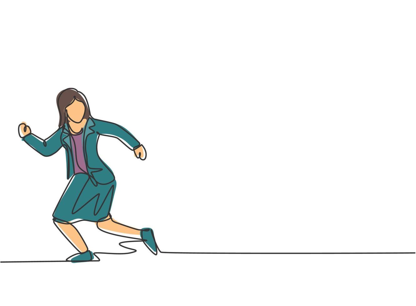 Continuous one line drawing young woman worker running chased by work deadline. Business time management discipline metaphor concept. Single line draw design vector graphic illustration.