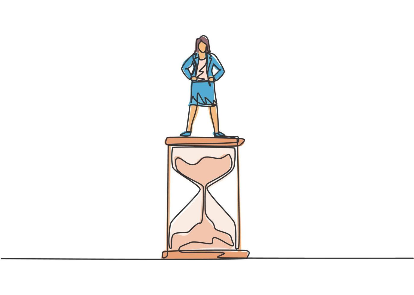 Single one line drawing of young business woman standing above hourglass. Sandglass to show time management business minimalist concept. Modern continuous line draw design graphic vector illustration.