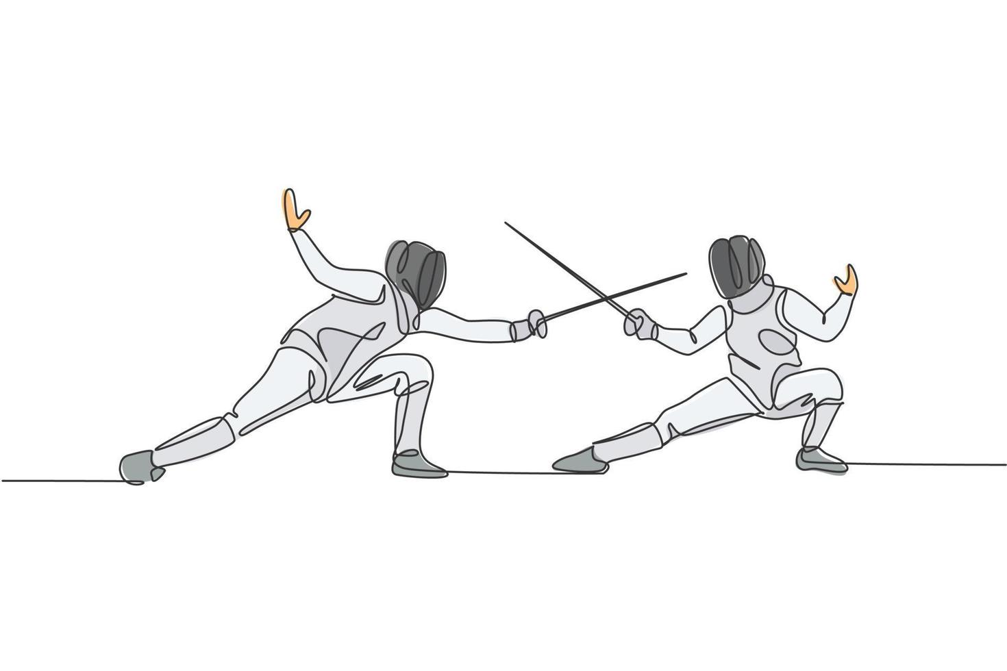 Single continuous line drawing of two young fencer athlete men in fencing mask and rapier duel at arena. Competitive fighting sport competition concept. Trendy one line draw design vector illustration