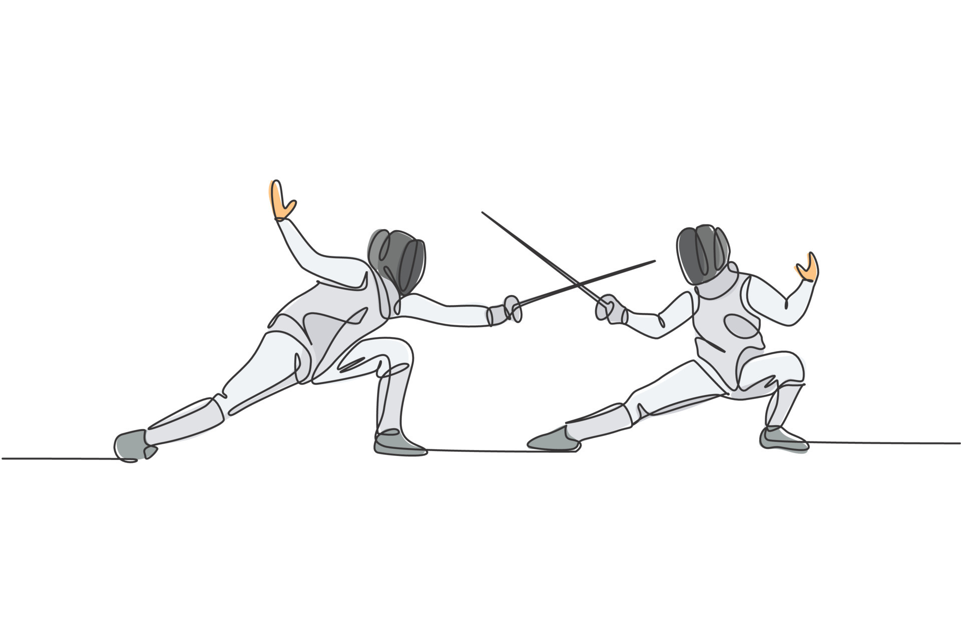 Single continuous line drawing of two young fencer athlete men in