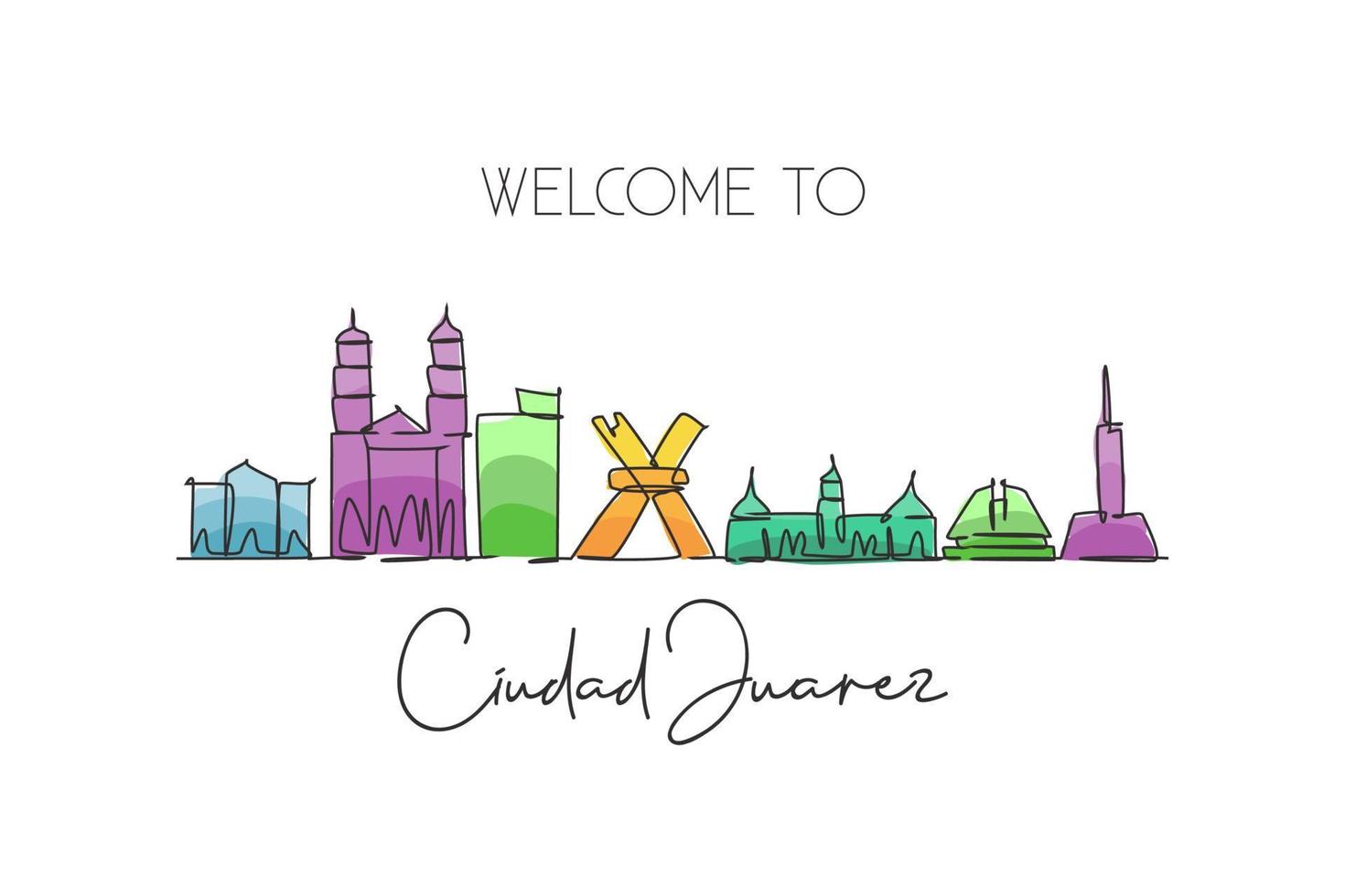 Single continuous line drawing of Ciudad Juarez skyline, . Famous city scraper landscape. World travel destination postcard concept. Editable stroke modern one line draw design art vector illustration