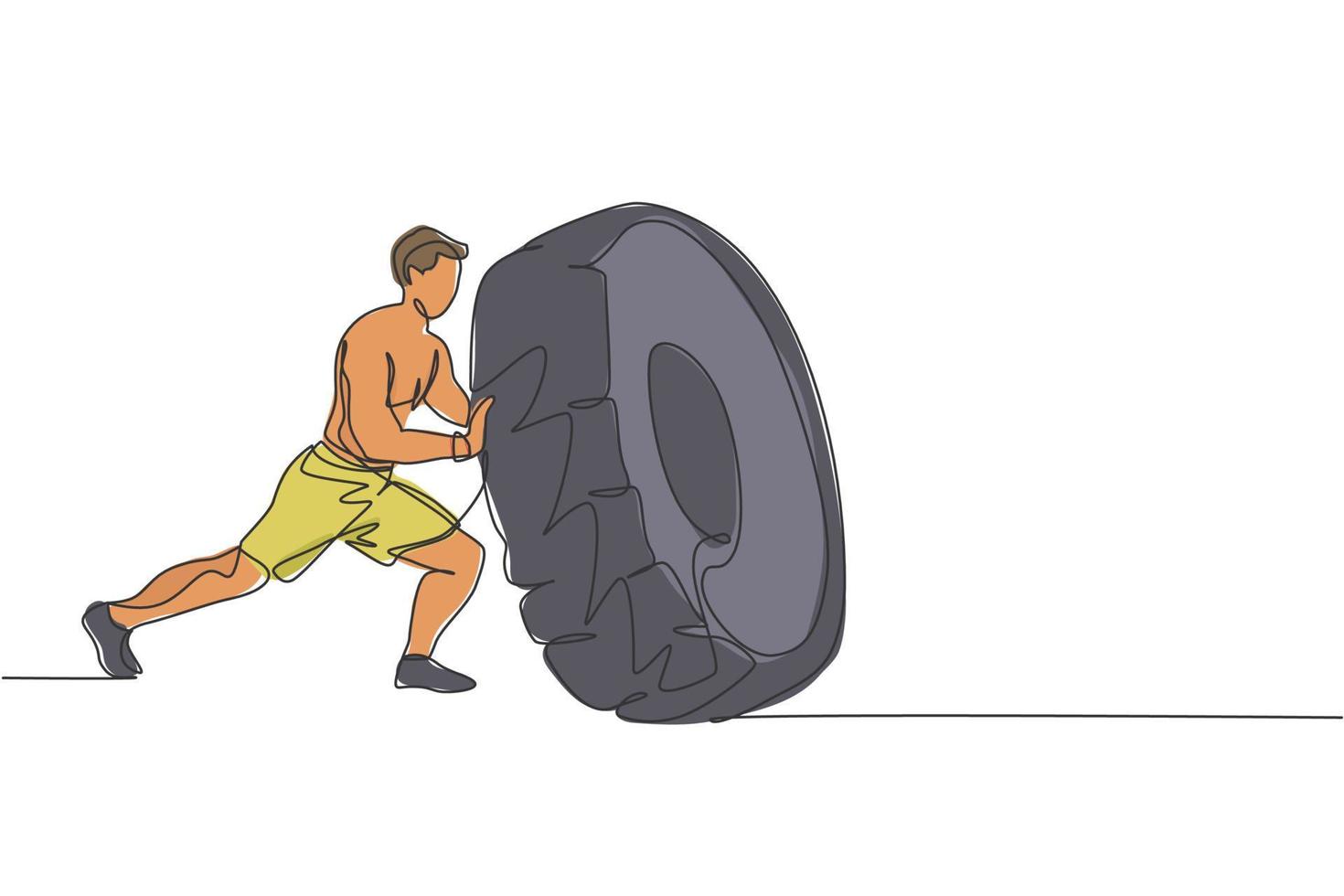 un dibujo de línea continua de un joven entrenando en un gimnasio de entrenamiento físico. concepto de estilo de vida deportivo saludable. estirar y hacer ejercicio. Gráfico dinámico de ilustración vectorial de diseño de dibujo de una sola línea vector