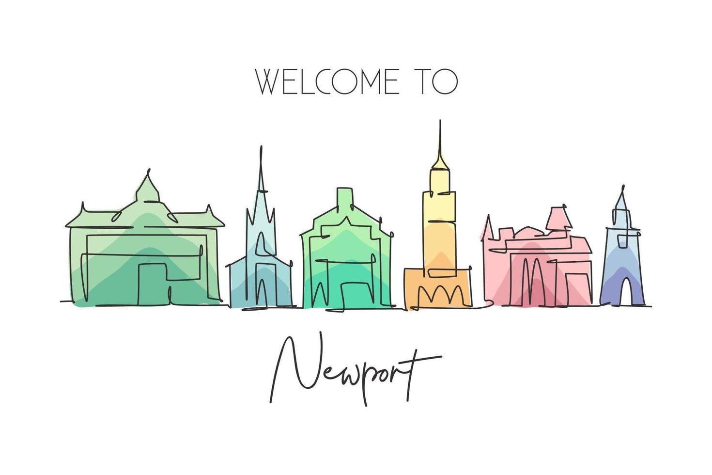 un dibujo de una sola línea del horizonte de la ciudad de Newport, Gales. paisaje histórico de la ciudad. El mejor destino de vacaciones para la decoración de la pared del hogar. ilustración de vector de diseño de dibujo de línea continua de moda