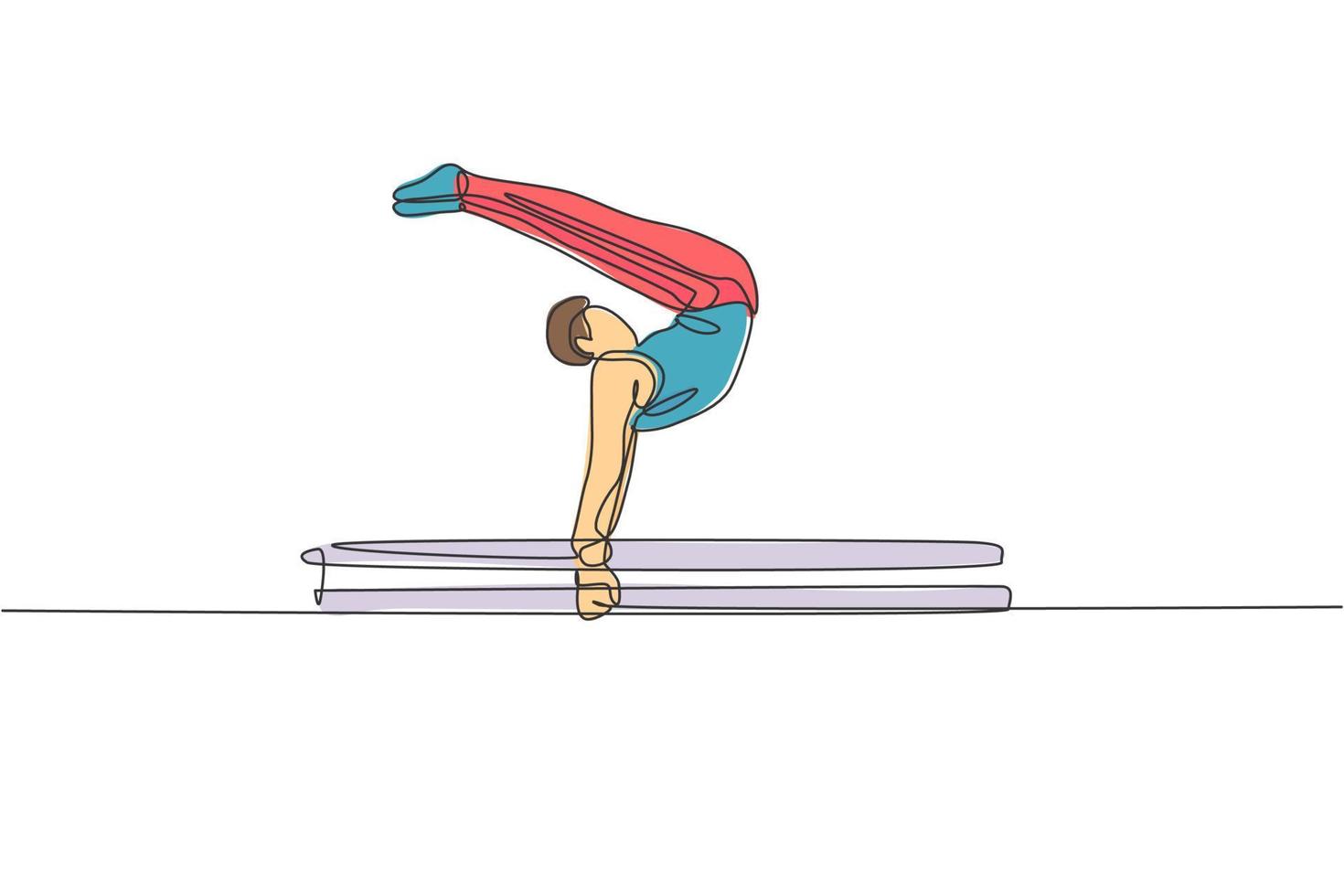 One single line drawing of young handsome gymnast man exercising parallel bars graphic vector illustration. Healthy lifestyle and athletic sport concept. Modern continuous line draw design