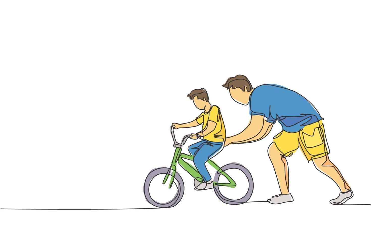 One single line drawing of young father teaching his son riding bicycle at public park vector graphic illustration. Fatherhood lesson. Urban family time concept. Modern continuous line draw design