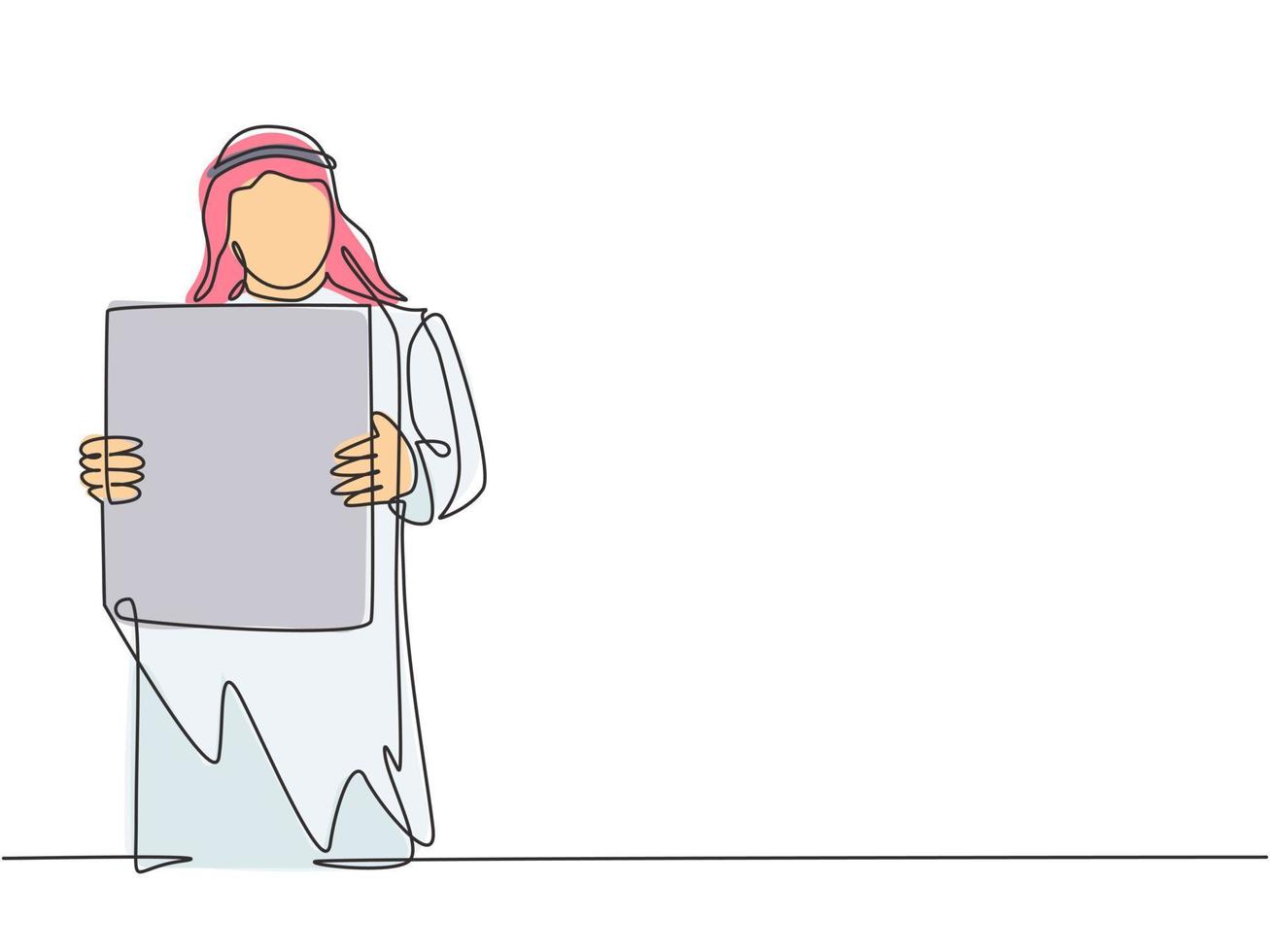 Single continuous line drawing of young muslim businessman showing white paper board to audience. Arab middle east cloth shmagh, kandura, thawb, robe. One line draw design vector graphic illustration