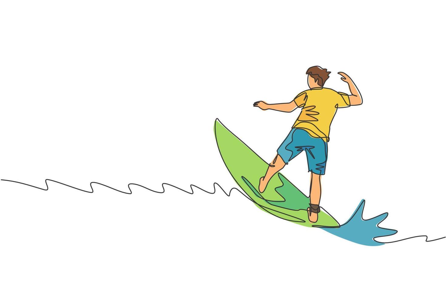 un dibujo de una sola línea de un joven surfista deportivo cabalgando sobre grandes olas en la ilustración gráfica vectorial del paraíso de la playa de surf. concepto de estilo de vida de deportes acuáticos extremos. diseño moderno de dibujo de línea continua vector