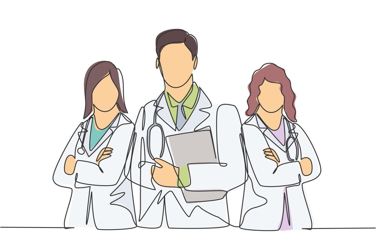 One continuous single line drawing group of young male and female doctors pose standing together while holding medical report. Teamwork medical concept single line draw design vector illustration