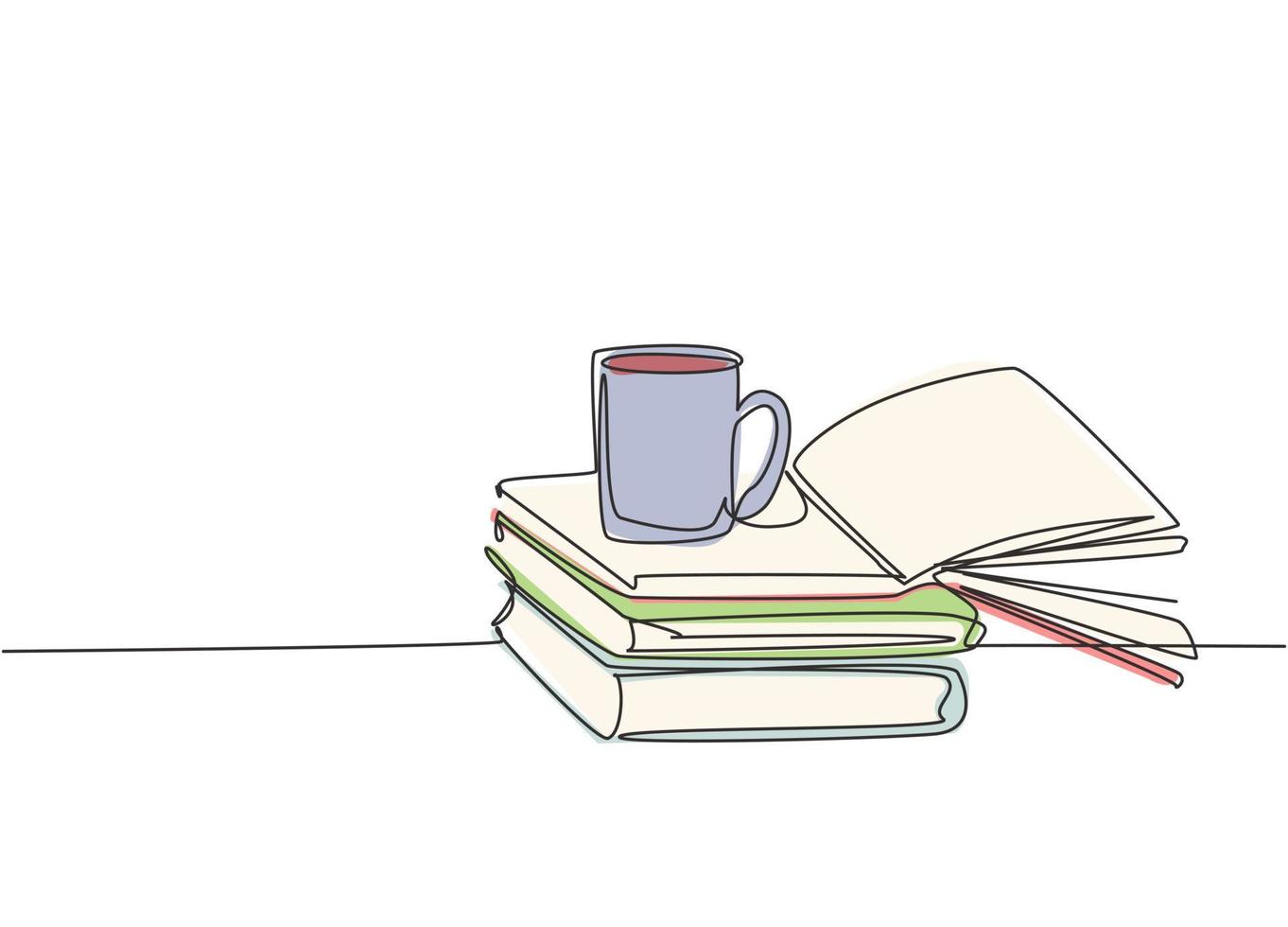 Single continuous line drawing of stack of books with a mug of coffee above on library desk. Business and education concept. One line draw graphic design vector illustration