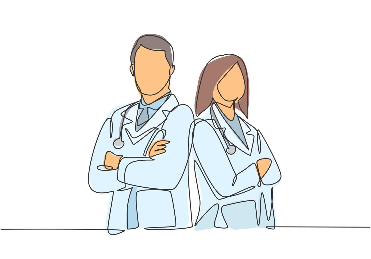 One continuous single line drawing of young couple male and female doctors pose standing together while crossing hand on chest. Medical teamwork concept single line draw design vector illustration
