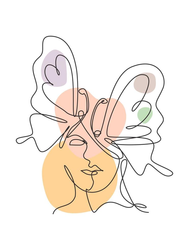 un dibujo de línea continua rostro abstracto de mujer sexy con logo de alas de mariposa. concepto de estilo minimalista de retrato femenino. icono cosmético. Ilustración gráfica de vector de diseño de dibujo de línea única dinámica