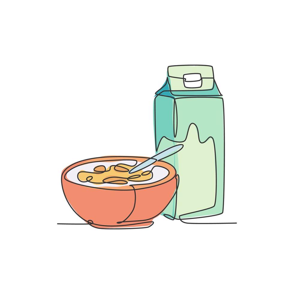 un dibujo de línea continua de delicioso desayuno de cereal fresco y leche con caja de cartón con tapa a dos aguas. alimentos naturales saludables. ilustración gráfica de vector de alimentos orgánicos de diseño de dibujo de una sola línea moderna