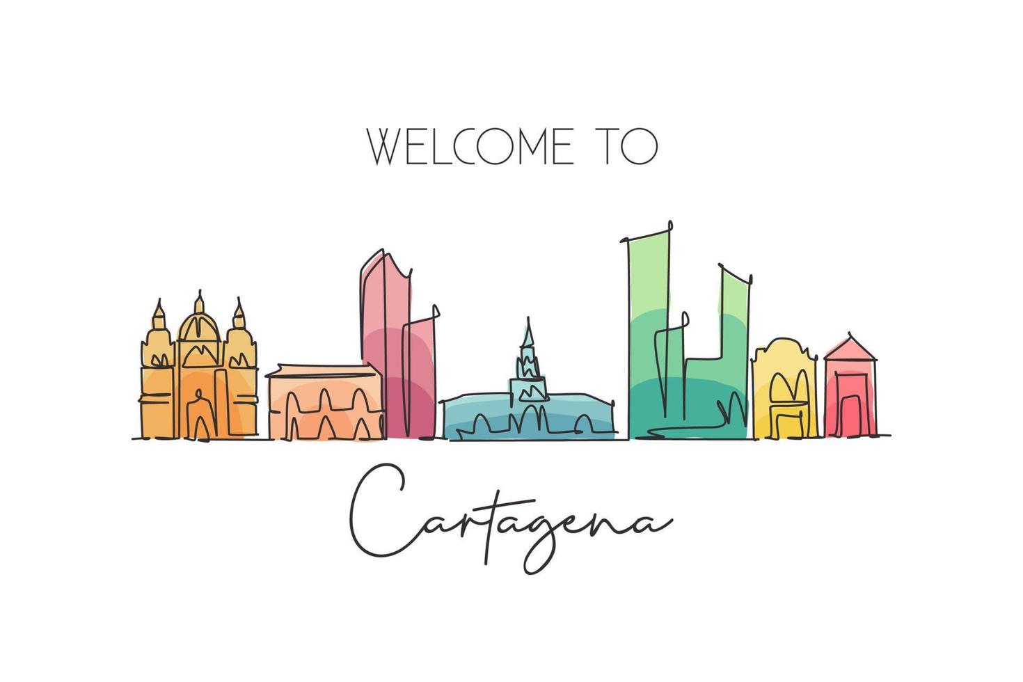 Single continuous line drawing of Cartagena skyline, Colombia. Famous city scraper landscape postcard. World travel destination concept. Editable stroke modern one line draw design vector illustration