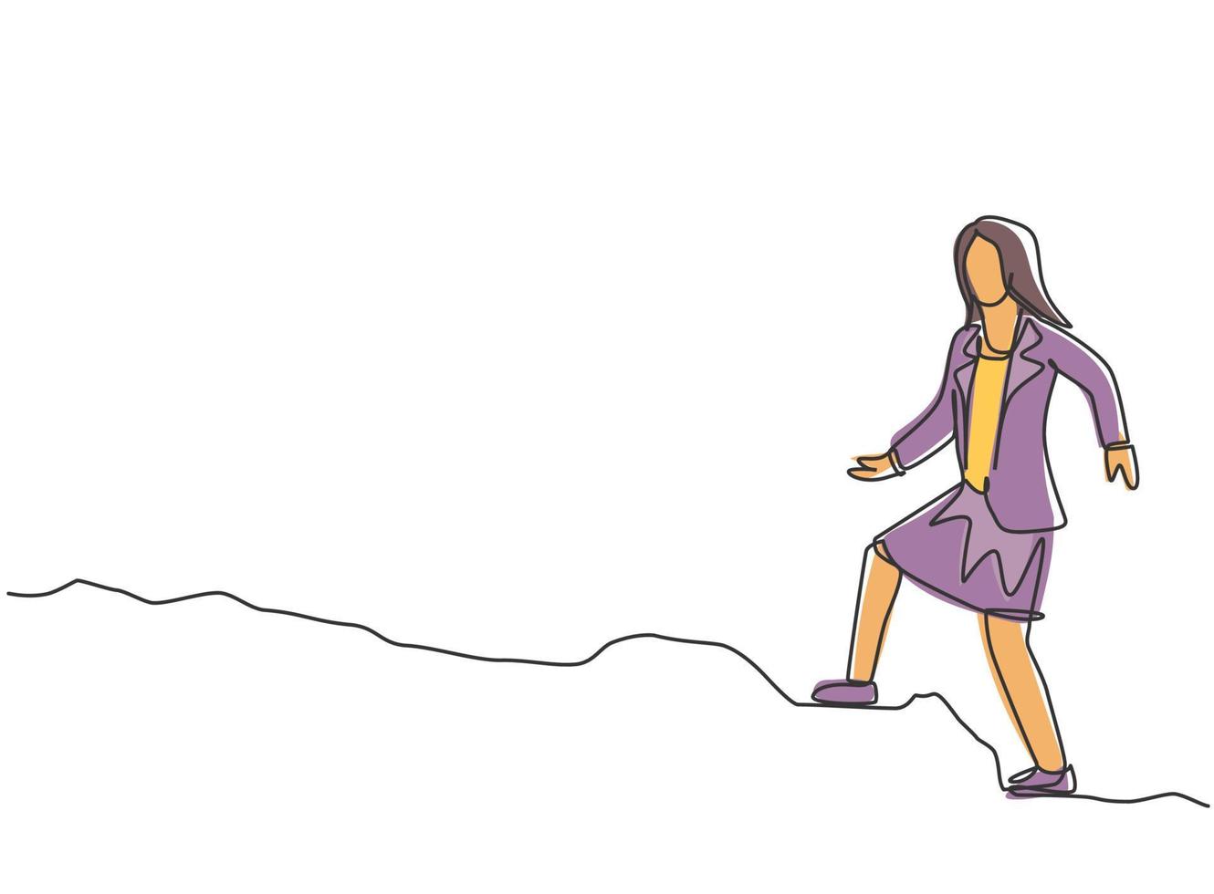 dibujo de línea continua única mujer de negocios joven caminando por la calle cuesta arriba para ir a la oficina. concepto de metáfora de disciplina de tiempo de negocios. Ilustración de vector de diseño gráfico de dibujo dinámico de una línea.