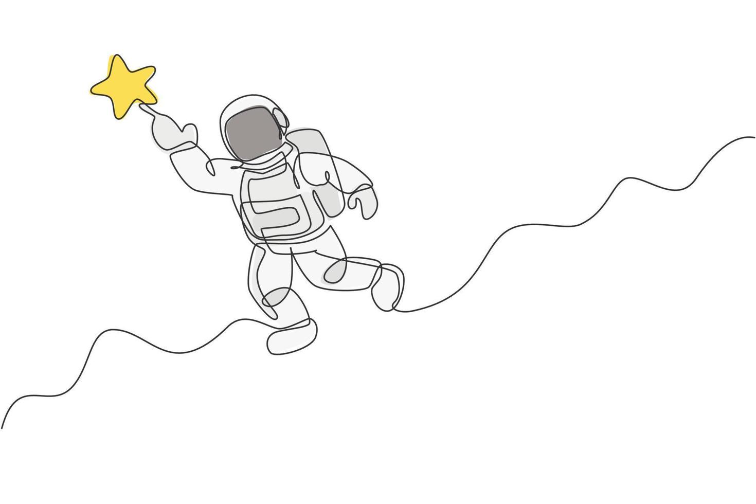 un dibujo de línea continua del cosmonauta explorando el espacio exterior. astronauta alcanzando la estrella voladora. concepto de descubrimiento de galaxias cósmicas de fantasía. Ilustración de vector de diseño gráfico de dibujo de línea única dinámica